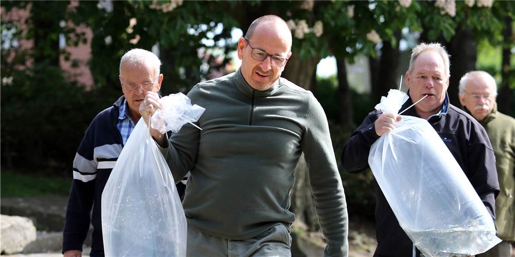 1000 Quappenlarven brachten Michael Prill (2.v.l.) und sein Vater Peter Prill (l.) von der Möhne mit nach Werne. Friedhelm Bock und Werner Zicke (r.) vom Angelverein Werne-Lippetal halfen beim Einsetzen der Quappen in die Horne.