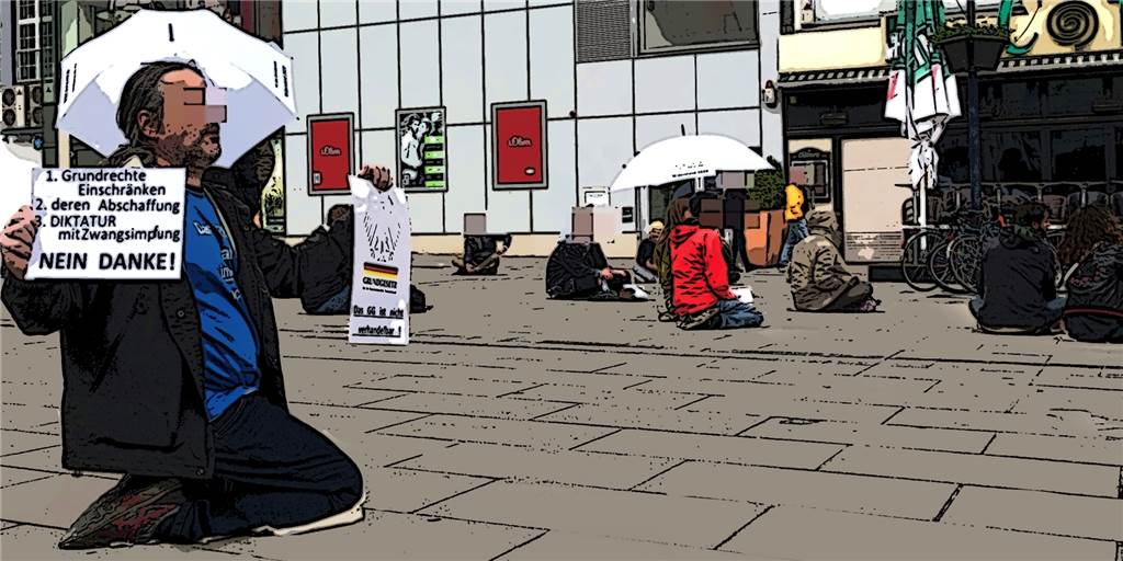 Coronaschutz-Skeptiker, haltet Abstand von der Allianz des Schwachsinns! Unsere künstlerisch verfremdete Fotomontage ist entstanden aus einer Demo-Szene in der Dortmunder Innenstadt. Nach Kritik an der ursprünglichen Version der Montage, die am Rand Personen mit einer von Neonazis verwendeten Flagge zeigte, haben wir zur Vermeidung weiterer Missverständnisse die Bebilderung angepasst und entschuldigen uns, falls das Kunstwerk einen falschen Eindruck vermittelt haben sollte.