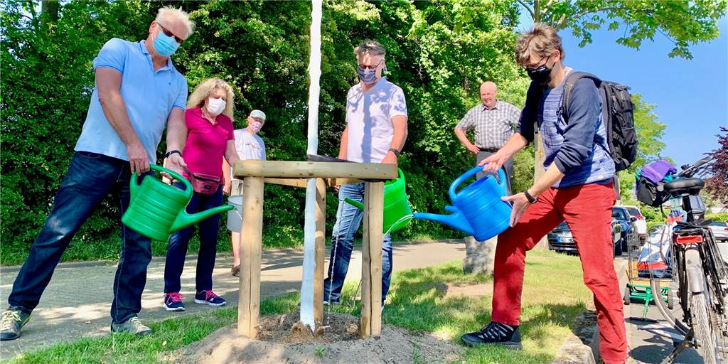 Stadt Dortmund pflanzt 100 Bäume gegen Parksünder Benjamin Beckmann (Grüne, r.) gießt mit Anwohnern einen der neuen Bäume an der Allerstraße
