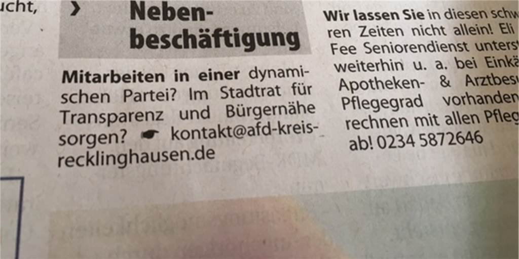 AfD Castrop-Rauxel sucht Ratsmitglieder mit Stellenanzeige Mit einer Annonce im "Stadtanzeiger Castrop-Rauxel" sucht die AfD zurzeit nach Kandidaten für den Stadtrat. Das Anzeigenblatt erscheint zweimal wöchentlich und wird gratis an alle Haushalte in der Stadt zugestellt.