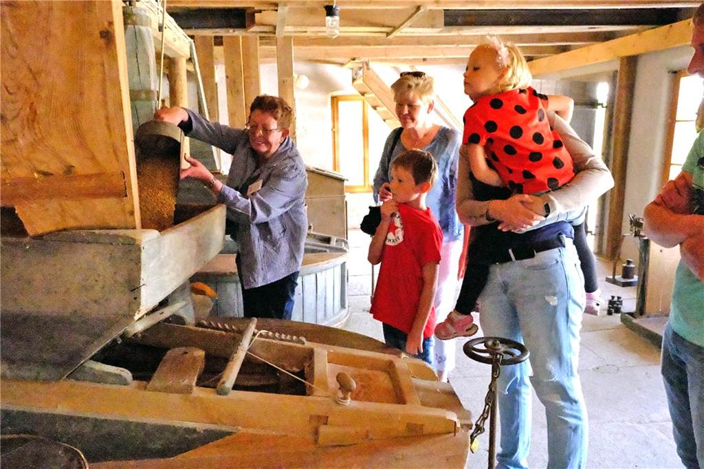 In der Menke Mühle eintauchen in die Welt alter Mühlentechnik Beim Mühlentag: Maria Menke ist die Müllerin und demonstriert, wie die alte Mühlentechnik funktioniert.
