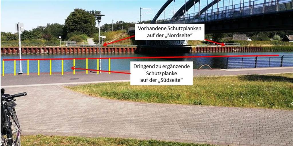 „Angst“ bei Radtour in Lünen: Kein Geländer, Stadt reagiert mit Schild Die Fotomontage von Horst Riehl zeigt die Situation am Datteln-Hamm-Kanal in Höhe Preußenhafen: Im Süden ist das Schutzgeländer nicht so lang gezogen wie auf der gegenüberliegenden Seite.