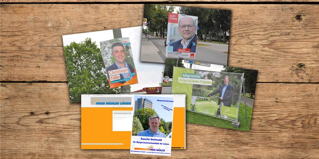Wahlkampf in Lünen: Expertin vergleicht Plakate der Bürgermeisterkandidaten Die Wahlplakate der Bürgermeisterkandidaten hängen überall in Lünen verteilt. Mit Ausnahme von Sascha Gottwald - seine Partei, die Freien Wähler, plakatieren nur virtuell auf ihrer Website.