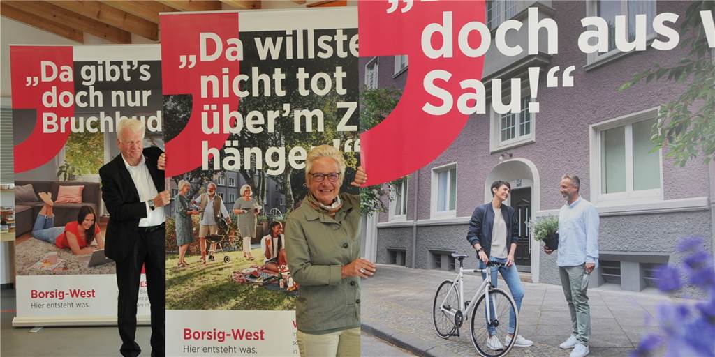 Das steckt hinter den provokanten Plakaten in der Dortmunder Nordstadt Claudia Goldenbeld (vorne), Sprecherin der Geschäftsführung des Wohnungsunternehmens Vivawest und Oberbürgermeister Ullrich Sierau bei der Vorstellung einer neuen Imagekampagne für das Viertel Borsig-West in der Dortmunder Nordstadt.