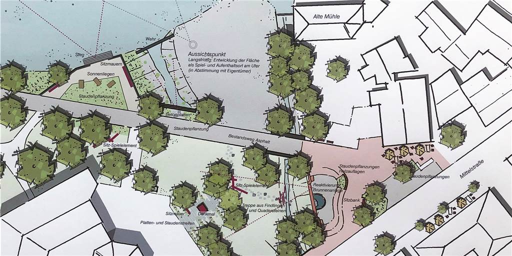 Pläne für das Rathausumfeld: Mühlenbach soll kleine Forscher anlocken Erste Pläne für die Umgestaltung des Rathaus-Umfelds stellten die Planer vom Büro DTP Landschaftsarchitekten vor. Der kleine Platz am Mühlenteich soll mehr Aufenthaltsqualität bekommen und der Bereich um den Brunnen und Denkmal „aufgeräumt“ werden.