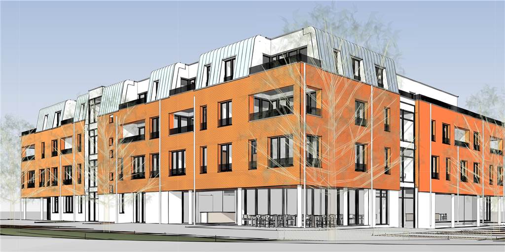 Katharinenhöfe: Wohnungen, Kita, Gewerbe und Haus für Demenzkranke Der U-förmige Gebäudeblock am Bossendorfer Kreuz entlang der Recklinghäuser Straße wird als erstes gebaut. Hier ist Platz für Wohnen, Gewerbe und Kita.