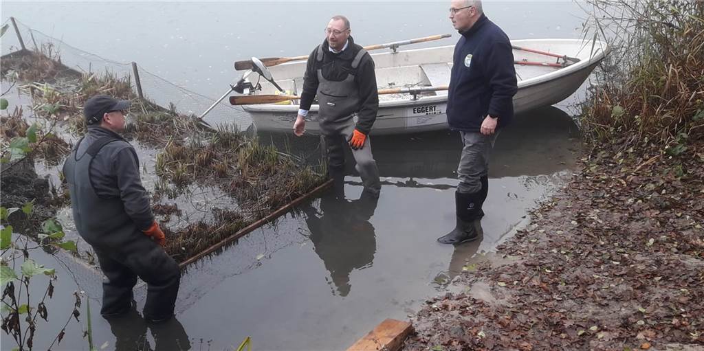 Eindrucksvolles Unterwasser-Video: Bült-Baggersee steckt voller Leben Hubert Rietmann (v.l.), SFV Coesfeld, Rudolf Böckers und Michael van Goer (beide ASV Heek) beim Spezialeinsatz im Baggersee in der Bült.