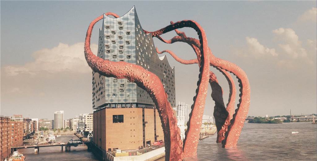 Hollywood in Hamburg? Krake klimpert auf der Elbphilharmonie Der Riesenkrake umarmt das Gebäude - Panik muss aber nicht ausbrechen.