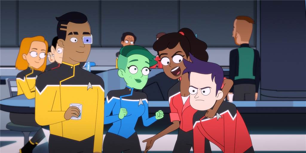 „Star Trek -“Lower Decks“: In Sternenflotte tummeln sich Scherzkekse Die Fähnriche Rutherford (v.l.), Tendi, Mariner und Boimler