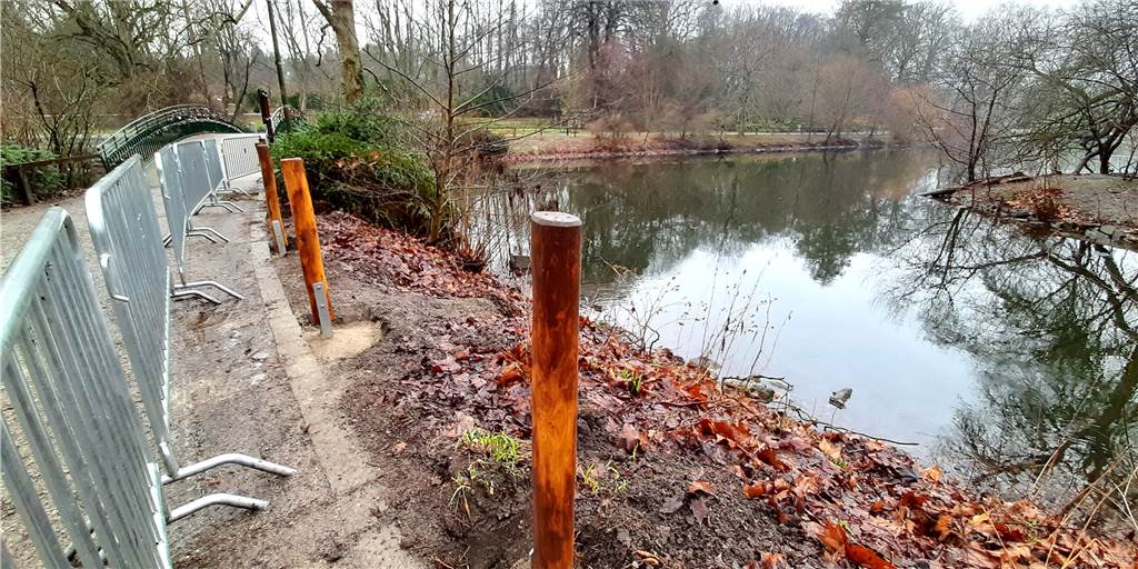 Von der Bogenbrücke (im Hintergrund links) auf der Seite bis hin zum Übergang zu den Sumpfzypressen wird das Geländer am Teich derzeit erneuert.
