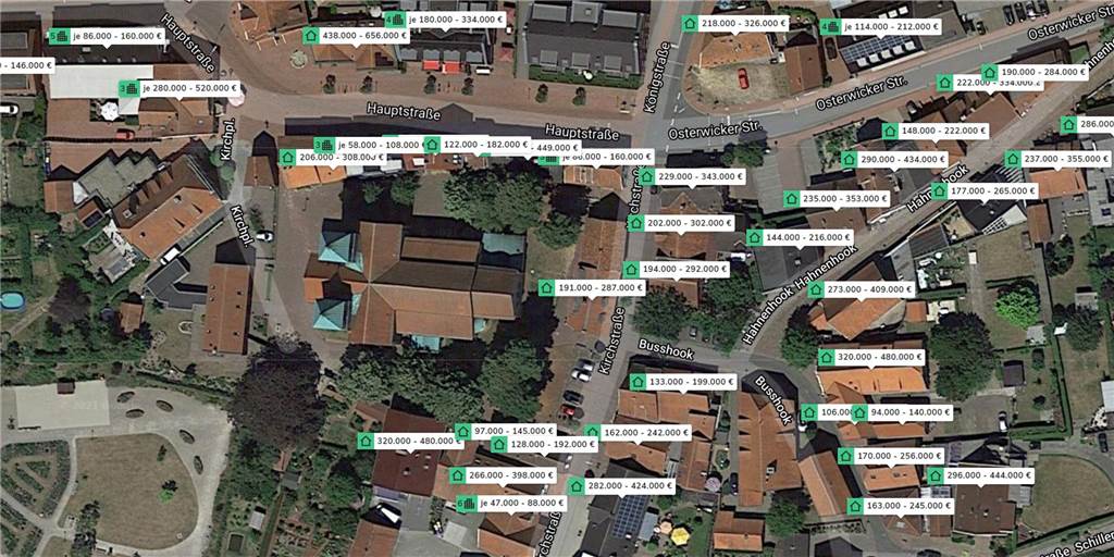 Die Legdener kennen jetzt auch den Wert ihrer Nachbarhäuser So präsentiert Scoperty die Immobilien-Situation rund um Legdens Kirchplatz.