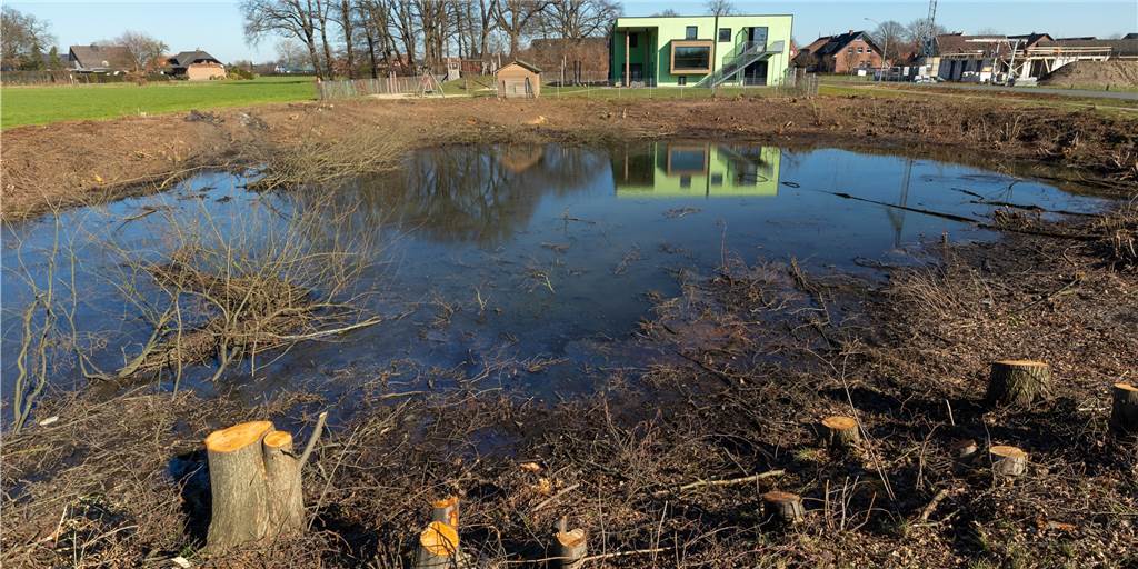 Regenrückhaltebecken liegt offen da – direkt neben einem Kindergarten Das Regenrückhaltebecken ist ohne die Büsche und Bäume nun frei zugänglich.