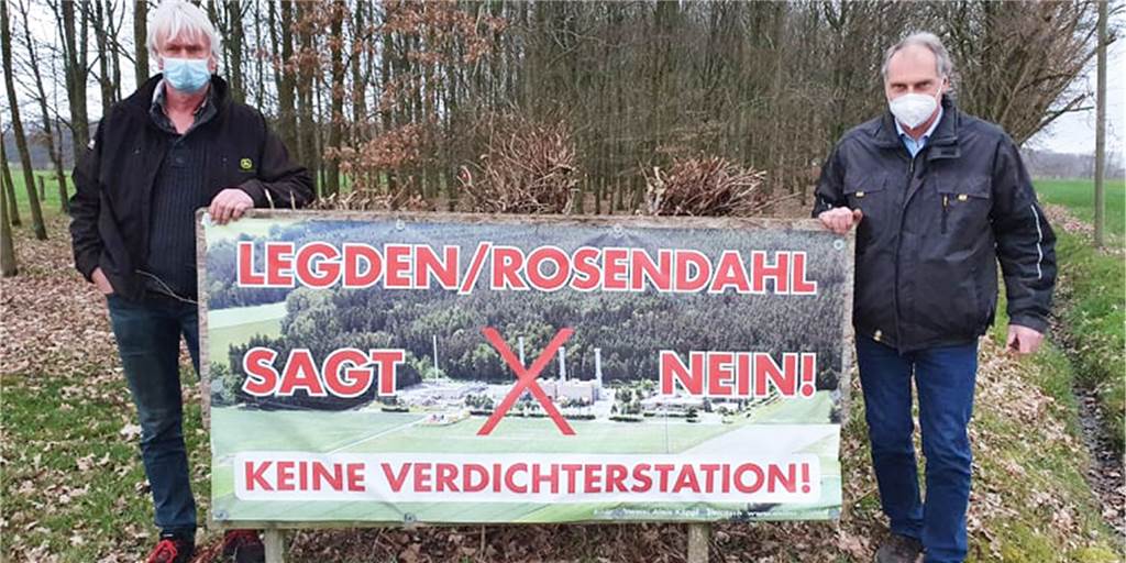 Bürgerinitiative: Kampf gegen Verdichterstation geht in nächste Runde Die Bürgerinitiative "Verdichterstation – Nein danke" versucht weiterhin mit aller Macht, das Großprojekt in Legden zu verhindern. Auch Reinhold Eynck (l.) und Rainer Bergemann denken gar nicht daran, den Kopf in den Sand zu stecken.