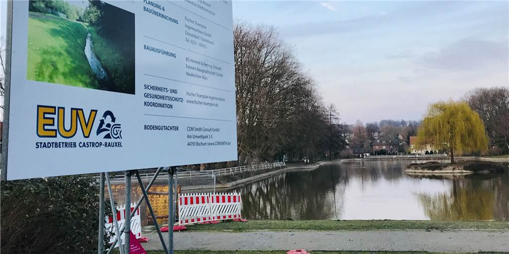 Castroper Altstadt bleibt bis Ende 2022 eine riesige Dauerbaustelle Der Landwehrbach verläuft unter dem Gondelteich. Zur Entflechtung von Schmutz- und Reinwasser im Bach wird der Gondelteich zeitweise trocken gelegt.