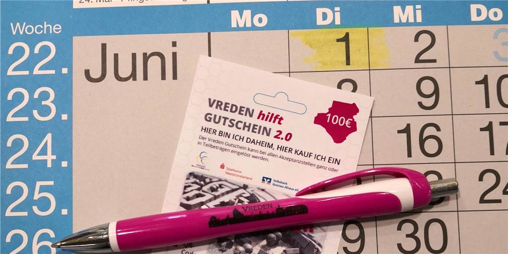 Ab Juni können Vredener mit Gutscheinen wieder 25 Prozent sparen Der Verkauf des Vreden-hilft-Gutscheins beginnt am 1. Juni.