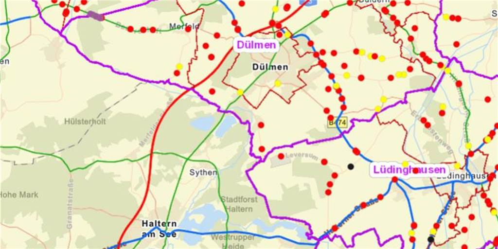 Wildunfälle: An Haltern angrenzender Kreis veröffentlicht neue Karte Auf der Karte lassen sich die Wildunfälle einsehen. Beim Klick auf die Punkte wird sogar das beteiligte Wild spezifiziert (Rot-, Schwarz-, oder Damwild).