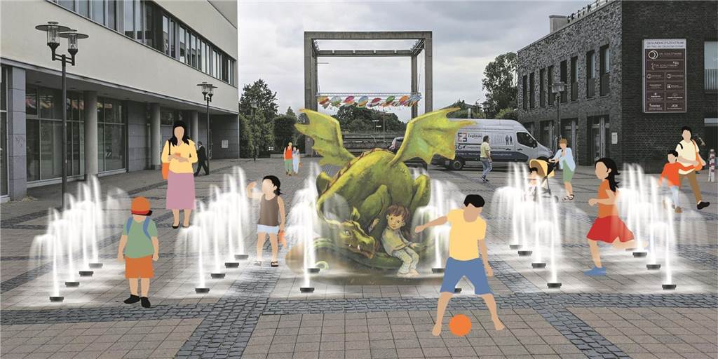 Brunnen-Idee: So wird Dorsten Pilgerziel für alle Cornelia-Funke-Fans Die SPD wünscht sich ein begehbares Wasserspiel für Kinder mit einer Romanfigur von Cornelia Funke für die Dorstener Innenstadt und bringt dafür den Platz der Deutschen Einheit ins Spiel. So könnte ein Fontänen-Feld mit ihrem "Mondscheindrachen" aussehen.