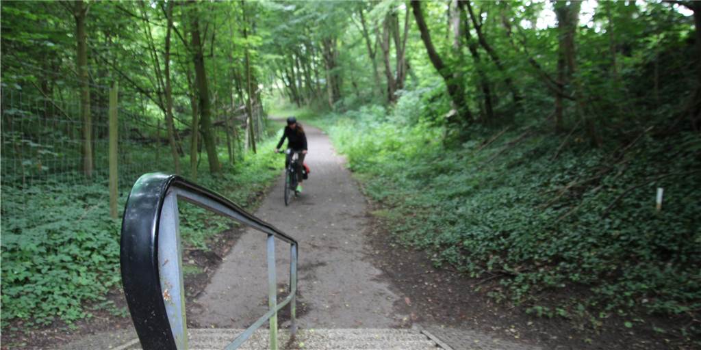 Radweg mit Treppe: Wann endet Gefahrenstelle vor Schloss Cappenberg? Wer hinauffährt, erkennt die Gefahr sofort: eine Treppe. Radfahrer in der anderen Richtung würden allerdings kalt erwischt von den Treppen. Deshalb ist der Weg von oben inzwischen auch nur als Fußweg ausgewiesen, von unten dagegen als kombinierter Fuß- und Radweg.