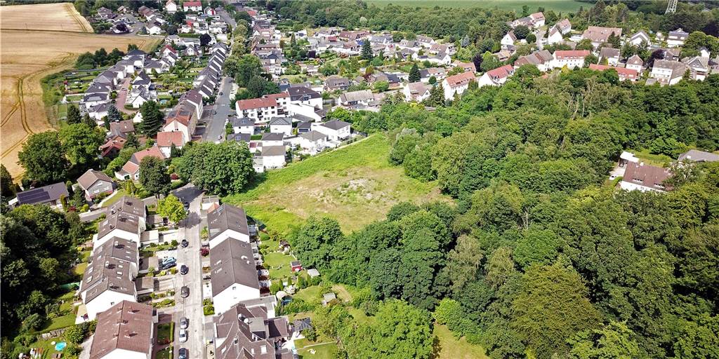 Diese grüne Brachfläche (Bildmitte) war einst Standort der Zechenanlagen von Schacht 3/4 Graf Schwerin. Bald soll dort Wohnraum entstehen und das Dorf mit seinen knapp 1000 Einwohnern um rund 15 Prozent größer machen. Dafür wird auch Wald gefällt.