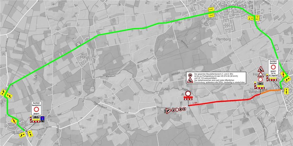 Marienthaler Straße wird ab Montag saniert Von der Kreisgrenze bis Erle wird die Marienthaler Straße (rot markiert) ab Montag saniert. Die empfohlene Umleitungsstrecke führt über Raesfeld.