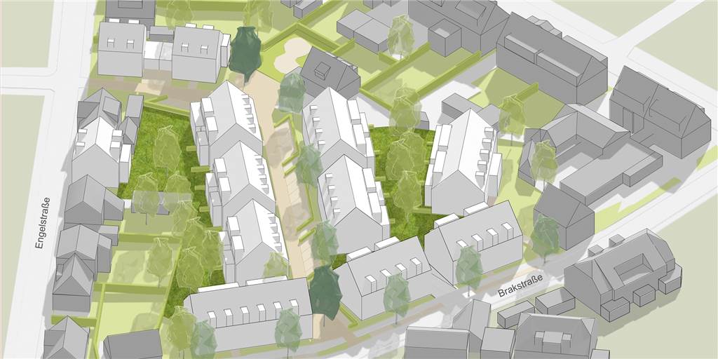 „Engelsgärten“: Gelingt die Verdichtung an der Brakstraße ohne Proteste? So soll das neue Quartier "Engelsgärten" im Bereich Kalter Weg/Brakstraße/Engelstraße nach den bisherigen Planungen der Investoren aussehen.