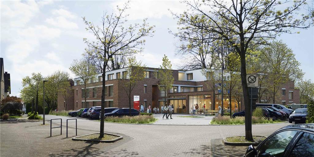 Altenheim in Bork: Knappe Mehrheit entscheidet über runden Tisch Der Blick auf das Seniorenzentrum von der Borker Sparkasse aus. Die Caritas hat umgeplant und setzt jetzt auf Flachdach.