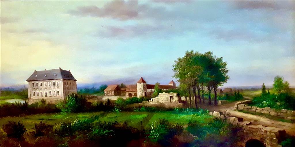 Ausstellung ehrt einen Kunstmaler und Heimatkünstler aus Haltern Burg Ostendorf mit Herrenhaus von der Lippeseite aus betrachtet: Dieses Ölgemälde von Clemens Wolter befindet sich in Privatbesitz