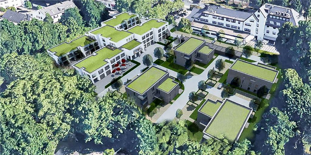 Neues Gartenstadt-Quartier: 28 Wohnungen für besondere Zielgruppe geplant Die Pläne für das neue Quartier mit dem Josefinenstift (l.), den vier Wohnhäusern und dem Parkhotel Wittekindshof (oben).