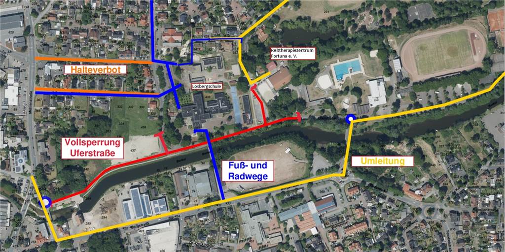 Der Weg zur neuen Berkelpromenade führt über Lärm, Staub und Sperrungen So ändern sich die Wege aufgrund der Sperrung der Uferstraße bis zum 1. Quartal 2024.