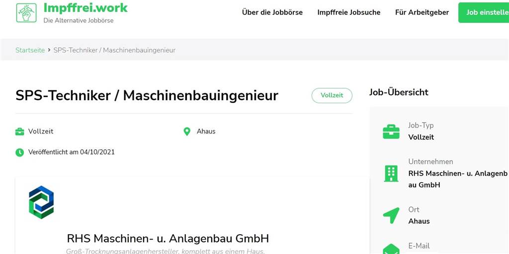 Trotz Corona-Welle: Ahauser Unternehmen sucht ungeimpfte Mitarbeiter Stellenanzeige der RHS Maschinen- und Anlagenbau auf Impffrei.work.