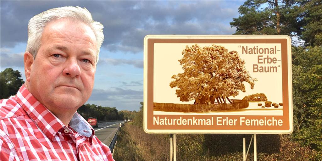 Reinhard G. Nießing will Tafeln für die Femeiche an der A 31 Hinweistafeln auf die Erler Femeiche wünscht sich Reinhard G. Nießing an der Autobahn 31. In Fotomontagen hat er bereits dargestellt, wie so etwas aussehen könnte.