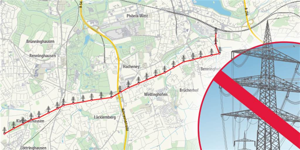 7,5 Kilometer quer durch den Dortmunder Süden: Hier verschwinden 30 stählerne Riesen Von der Umspannanlage an der Hermannstraße verläuft die Verbindung zunächst in südliche Richtung und überquert die Bahntrassen und die Straße An der Goymark. Die Trasse geht weiter über Benninghofer- und Preinstraße, Hagener Straße, Gotthelfstraße und weiter über Schneiderstraße bis zur Großholthauser Straße.