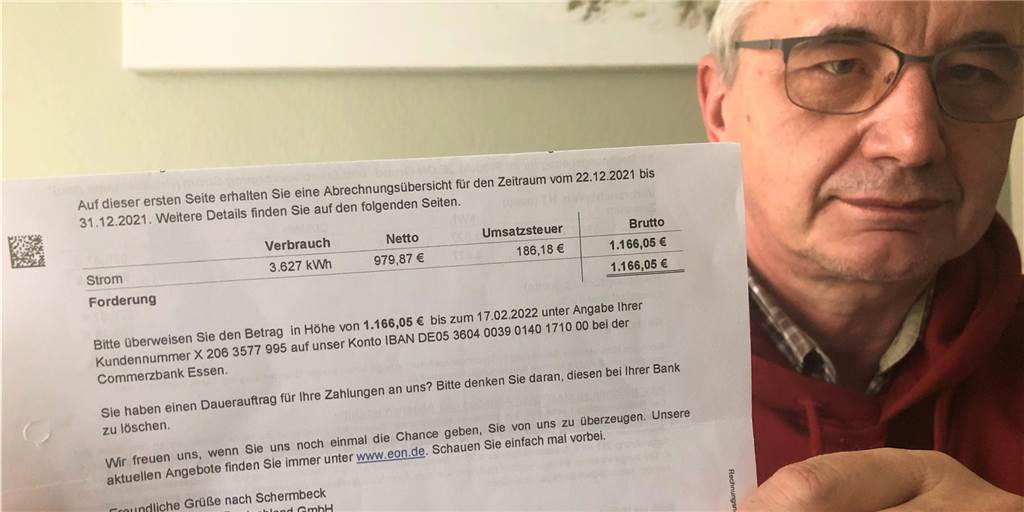Peter Wiegand soll E.ON für 10 Tage Strom 1.166 Euro zahlen Für 10 Tage Strom-Bezug sollte der Schermbecker Peter Wiegand mehr als 1.166 Euro an E.ON zahlen.