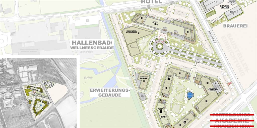 Spielverderber Land NRW: Hotelneubau mit Hallenbad verzögert sich weiter Auf ihrem neuesten Plan haben die Projektentwickler von Premero die Fortbildungsakademie, die eigentlich als Teil der Quartiersentwicklung vorgesehen war, bereits gestrichen.