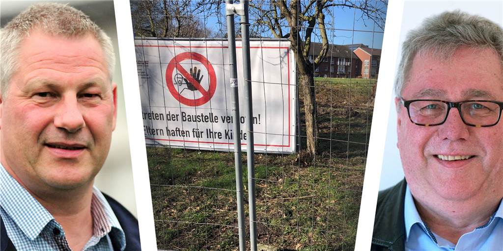Arbeiten auf dem geplanten Kita-Gelände in Legden, aber noch kein Baustart Bürgermeister Dieter Berkemeier (l.) und Georg Hebing vom Kreissportbund warten darauf, dass der Notar das Grundstücksgeschäft unterschreibt und dann auf die Baugenehmigung, damit die Bauarbeiten für den neuen Kindergarten starten können.