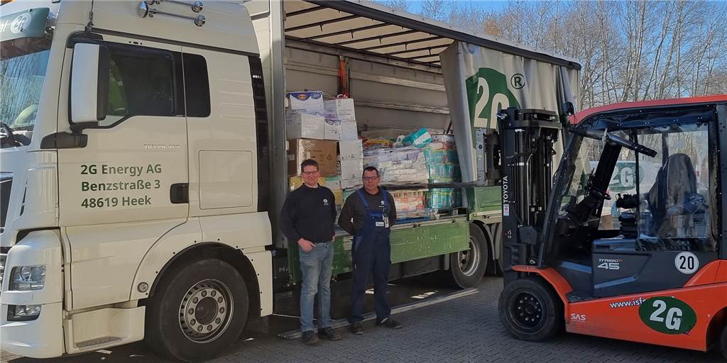 Ukraine-Krieg: 2G-Energy-Mitarbeiter packen an – Hilfskonvoi startet Bei 2G Energy im Heeker Gewerbewerk werden derzeit die Hilfsgüter in den LKW verladen, der am Samstag (5. März) in Richtung Polen und Krisengebiet startet.