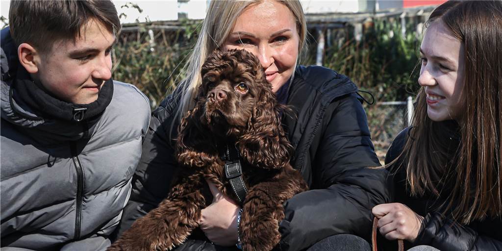 Drama um Hund Benny: Ukraine-Flüchtlinge sollten Liebling ins Tierheim stecken Mutter Oksana (Mitte) und ihre Kinder Michael und Sofia aus der Ukraine haben sich geweigert, ohne ihren Hund Benny in die Erstaufnahmeeinrichtung zu gehen.