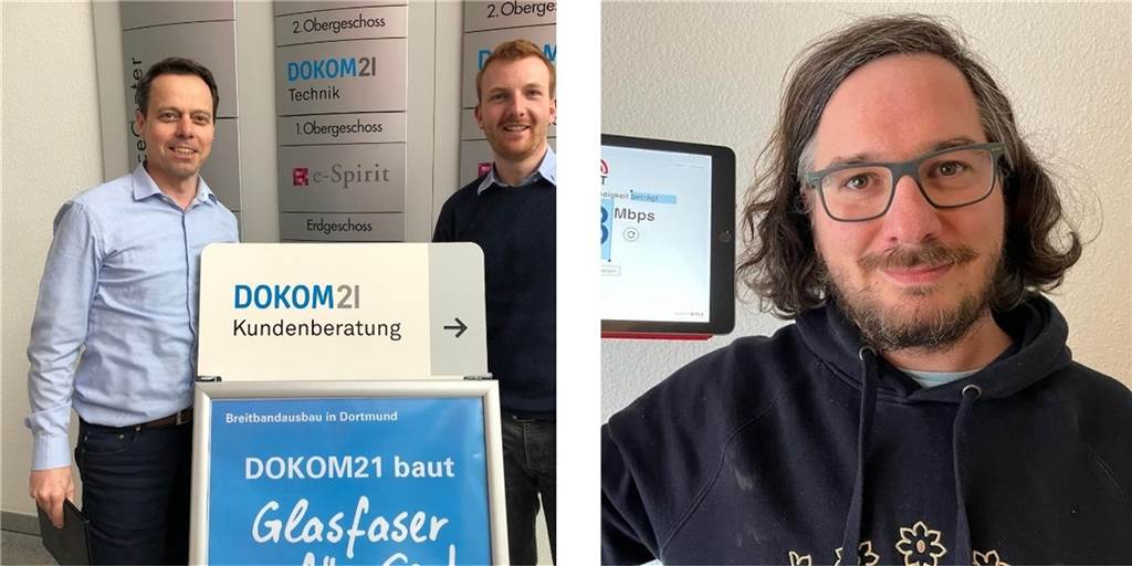 Viele Dortmunder können schnelles Internet bekommen - doch es gibt Fragen Tobias Kestin (rechtes Bild) hätte gern schnelleres Internet, hat aber zum in seinem Haus möglichen Breitbandausbau noch Fragen. Die Dokom-Sprecher Markus Isenburg und Alexander Menke geben Antworten