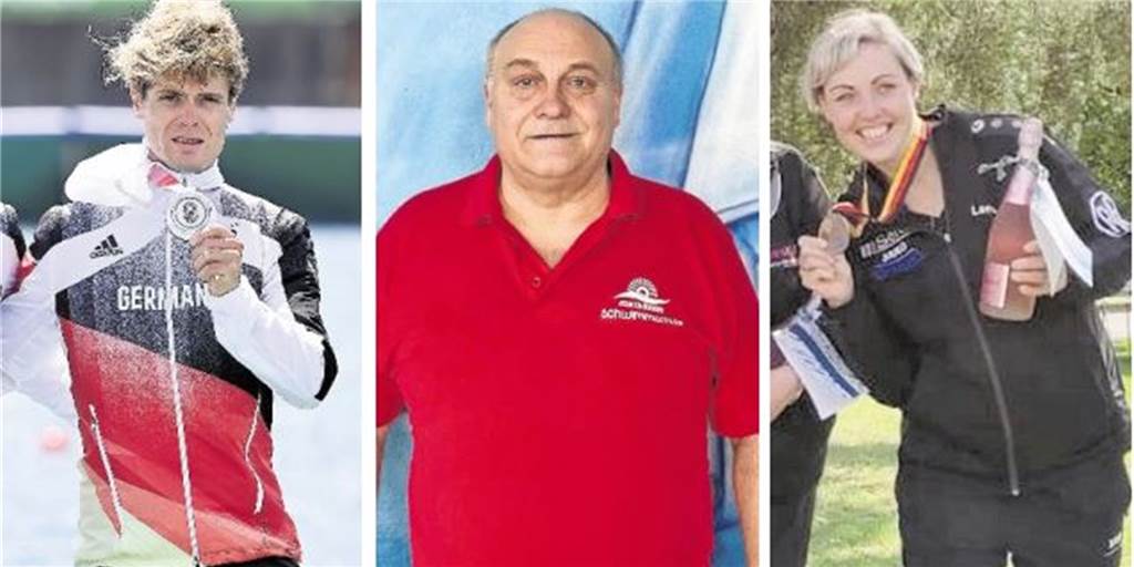 Anton Lampen erhielt den Ehrenpreis des Dorstener Sports Ruderer Jason Osborne (l.) und Sportschützin Lena Krampe (r.) sicherten sich die Titel als Dorsten Sportler und Sportlerin des Jahres 2021. Der Ehrenpreis des Dorstener Sports ging an Anton Lampen (M.) von der DLRG-Ortsgruppe und dem SV Delphin Dorsten.