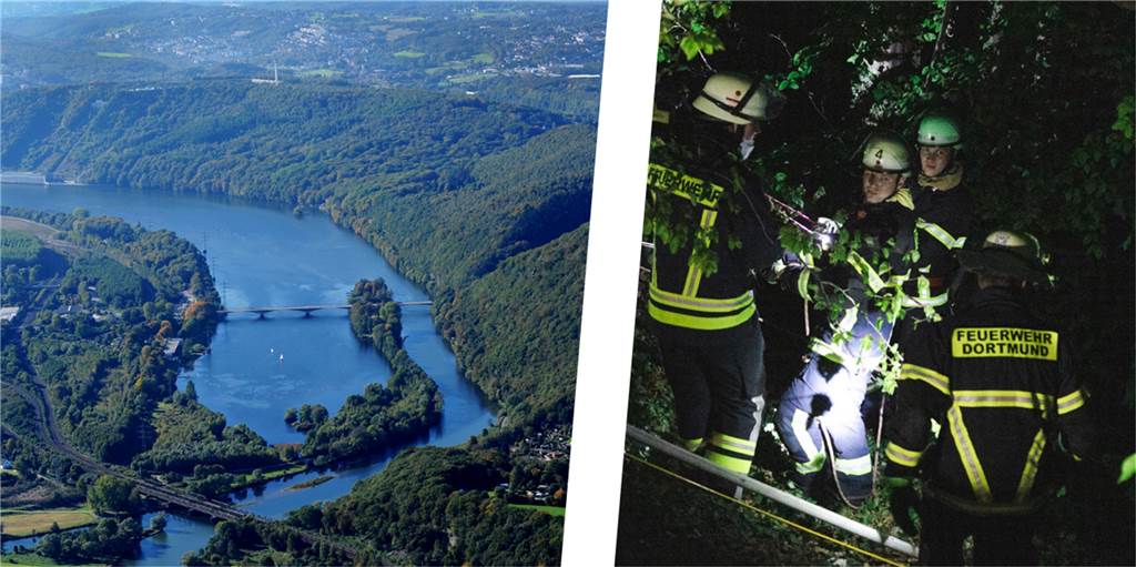 Waldbrand am Hengsteysee: Großeinsatz für die Feuerwehr Die Ruhrsteilhänge am Hengsteysee - hier gab es einen schwierigen Einsatz für die Feuerwehr sich Feuerwehrleute. Im Hang westlich der Dortmunder Straße (Im Bild oberhalb der Ruhrbrücke) kam es zu dem Brand.