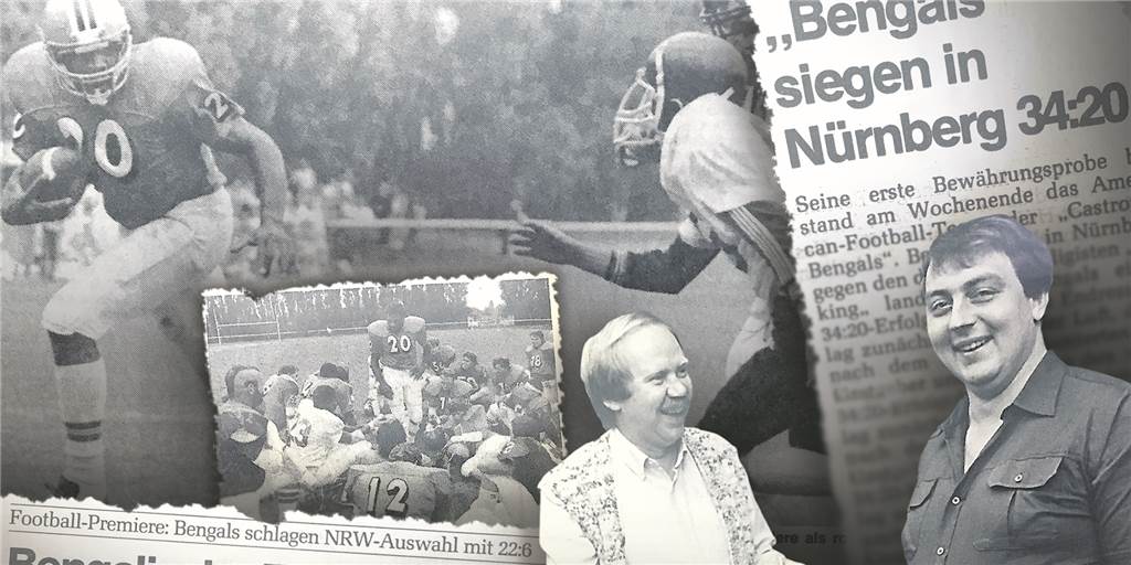 Soldaten stellten Football-Team in Habinghorst auf - 500 Zuschauer kamen Schlagzeilen schrieben 1983 die Footballer der Bengals Castrop-Rauxel. Ihr Manager Ulrich Hallerbach (rechts) war eine treibende Kraft, den Sport hier zu etablieren und überreichte auch dem Zeitungsfotografen nach einem „Sportunfall“ einen echten Football aus Leder.