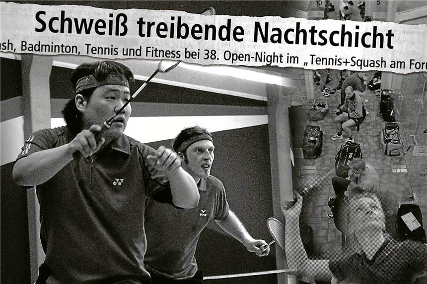 Hobby-Sportler schlugen bei der Open-Night bis Mitternacht auf Bis Mitternacht spielten die Badminton- und Tennisspieler sowie Squasher im Sportforum an der Bahnhofstraße um die Punkte bei der Open Night. Hans-Jörg Dickhoff (2.v.l.) gewann 2002 im Badminton-A-Feld.
