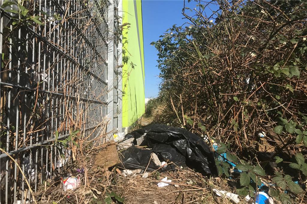 Müll säumt Weg zum Bahnhof: Gefährlich für Hunde und Kinder Bis weit in die Büsche hinein liegt Müll. Hinter dem grünen Zaun befindet sich der Parkplatz des Einkaufszentrums in Bövinghausen.