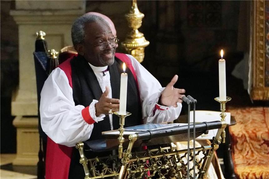 Prediger hielt Einladung zur Hochzeit für Aprilscherz Bischof Michael Bruce Curry, Oberhaupt der Episkopalkirche der USA, bei der Trauung von Meghan Markle und Prinz Harry. Foto: Owen Humphreys
