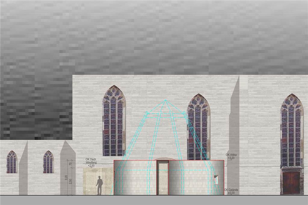 Pläne für Sakristei spalten die Gemüter: Röhren statt Mondlandefähre Blau gestrichelt sind die Konturen der heutigen Sakristei neben der Kirche St. Christophorus Werne zu sehen. Die neue Sakristei soll deutlich kleiner ausfallen.