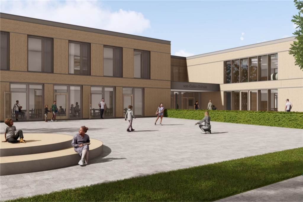 Holz-Fassade für Grundschule geplant: Nordische Fichte statt Klinker Blick auf Mensa und Schulhof: Die Raumplanung ist am Vorbild Cluster-Schule ausgerichtet, das pädagogische Konzept steht im Mittelpunkt.