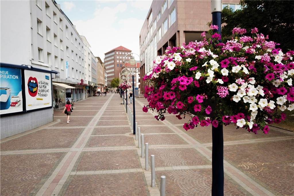 Blumenampeln schmücken seit dem Sommer 2019 die City.