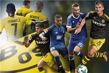Borussia Dortmund hat den Umbruch im Kader fortgesetzt. In diesem Sommer gingen unter anderen Ousmane Dembélé (v.l.), Matthias Ginter und Sven Bender, gekommen sind Mahmoud Dahoud, Jeremy Toljan, Andrey Yarmolenko und Maximilian Philipp. Seit Sommer 2016 hat der BVB 29 Transfers abgewickelt.