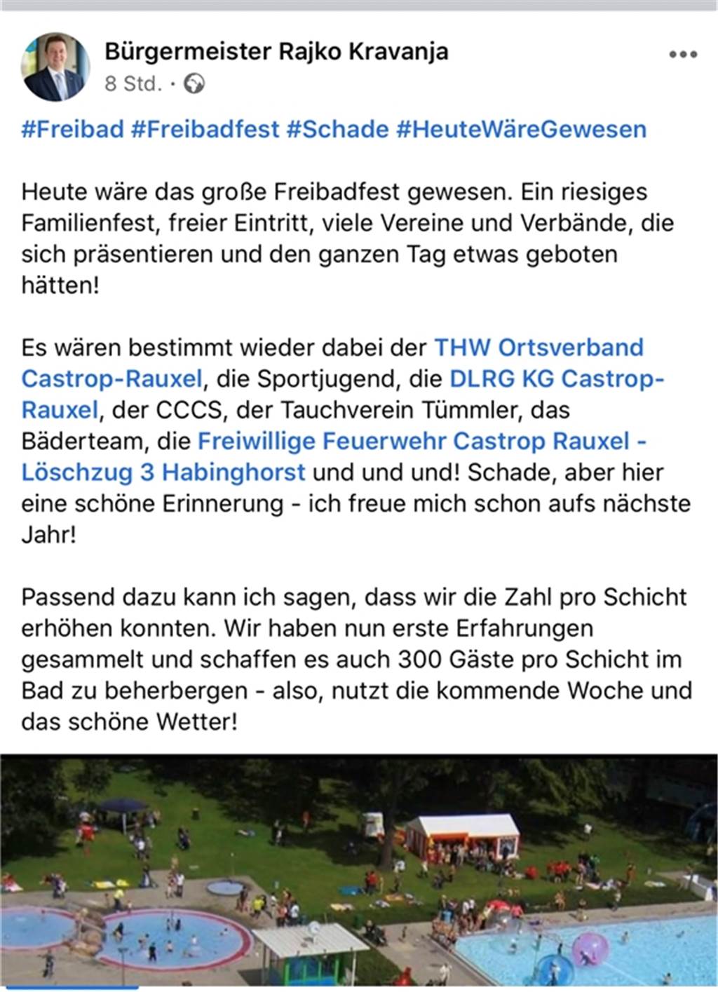 Parkbad Nord erhöht die Kapazität - So ist Corona-Baden in Ickern Bürgermeister Kravanja postete am Sonntagmittag bei Facebook diesen Beitrag zum Parkbad Nord.