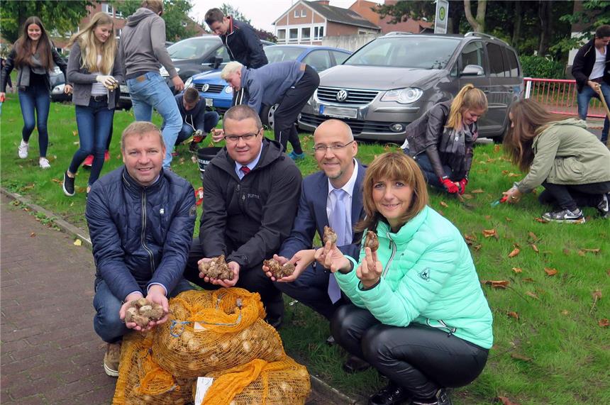 500 Gesamtschüler pflanzten 7000 Narzissen Bürgermeister Mike Rexforth, Schulleiter Norbert Hohmann, RWE-Mitarbeiter Dirk Krämer und die stellvertretende Schulleiterin Kerstin Niklas-Janas (v.l.) freuten sich über den Eifer der Gesamtschüler bei der gestrigen Pflanzaktion.